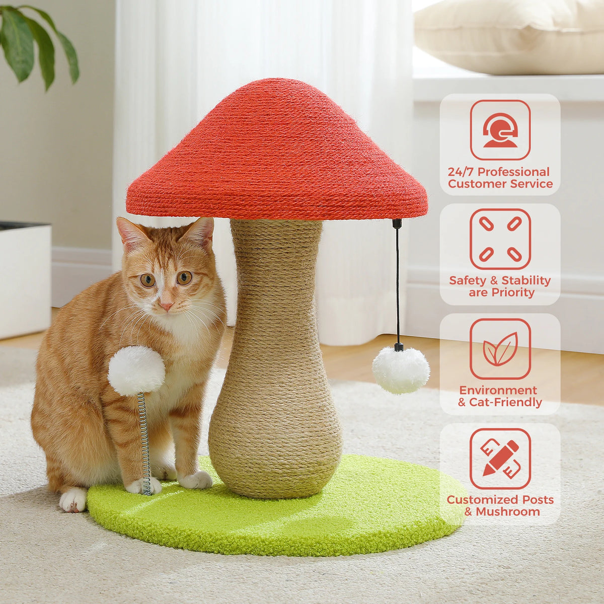 PAWZ Road Mushroom Cat Scratching Post Featuring Sisal And Pompoms