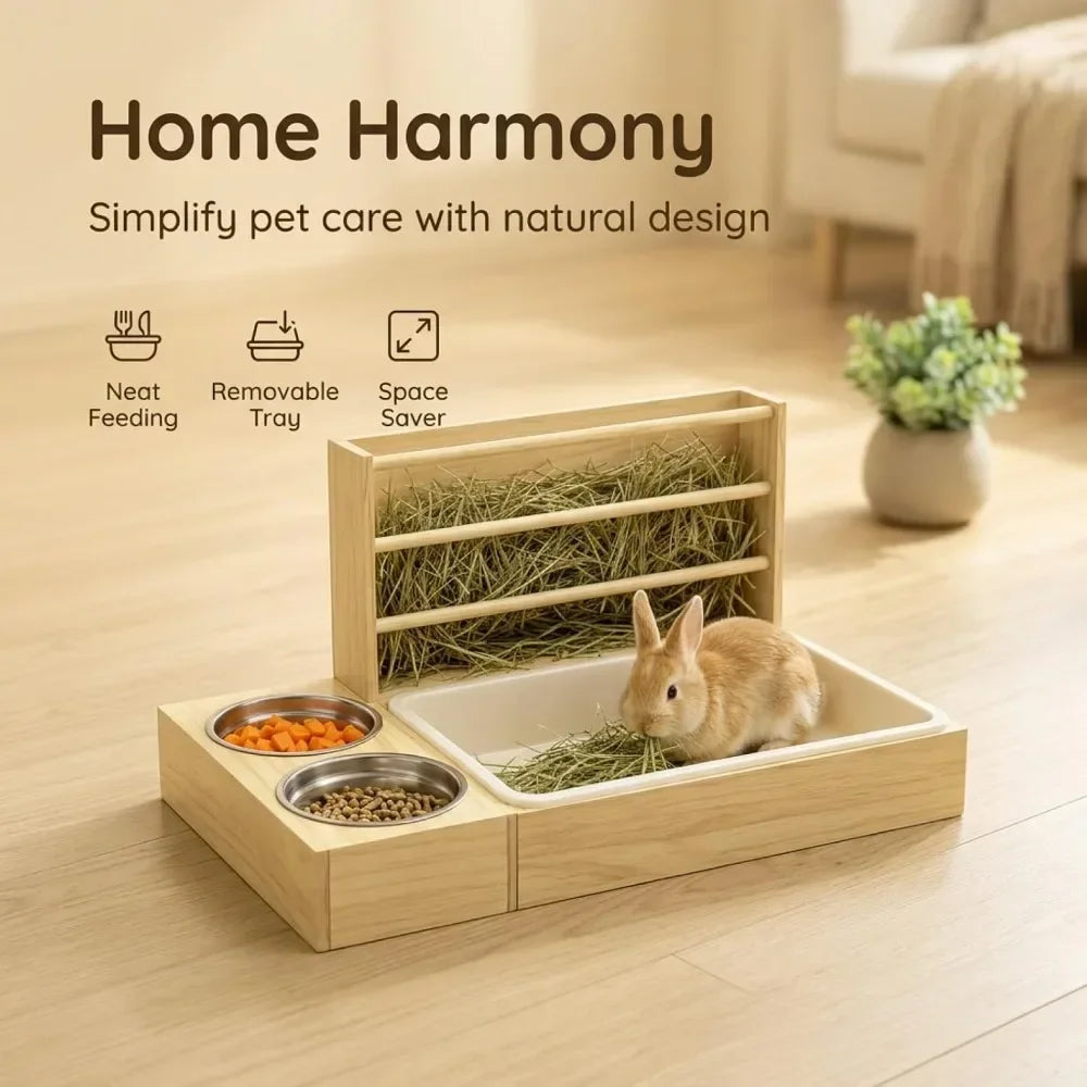 Wooden Rabbit Hay Feeder With Litter Box For Small Pets