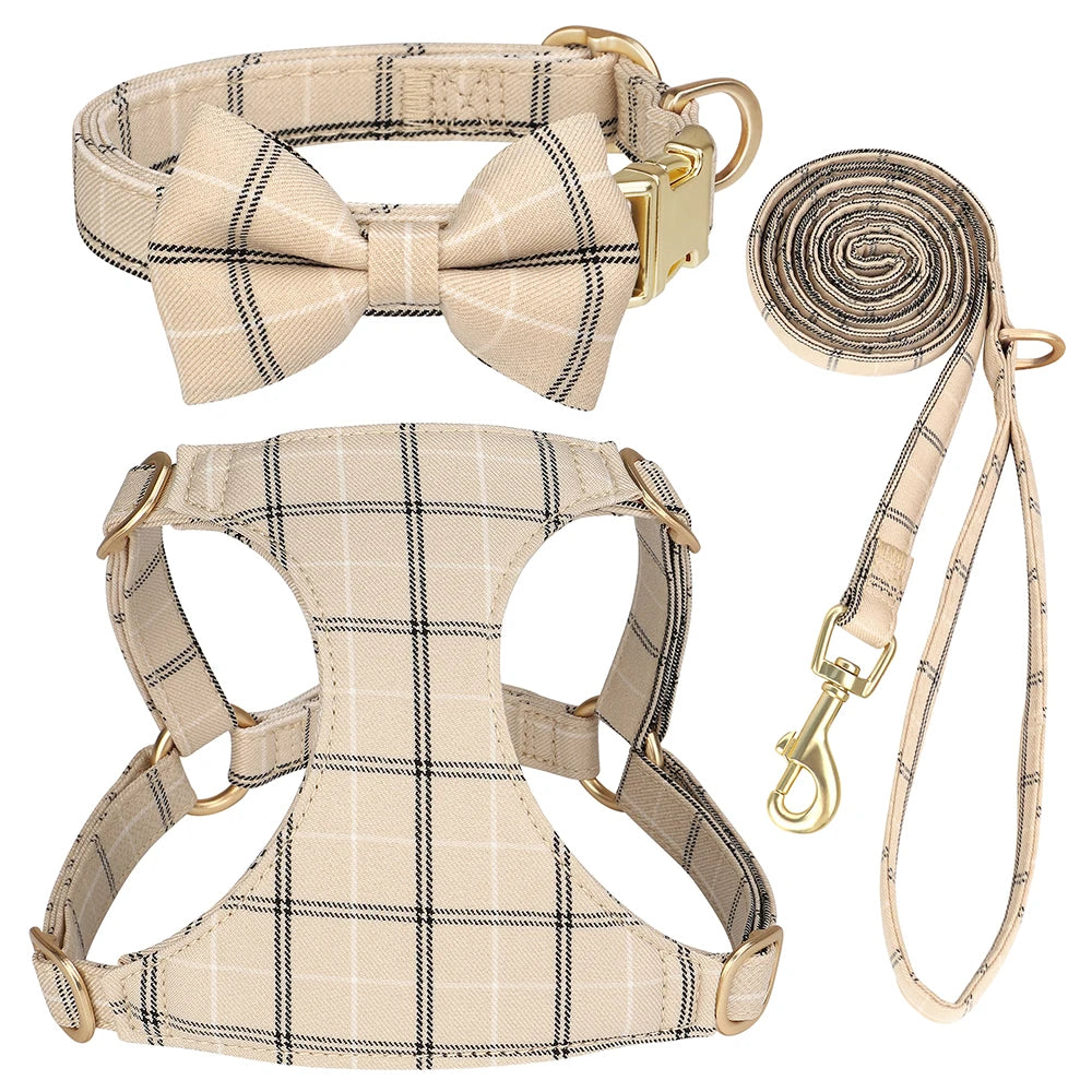 Didog Adjustable Plaid Bowtie Dog Collar Harness Leash