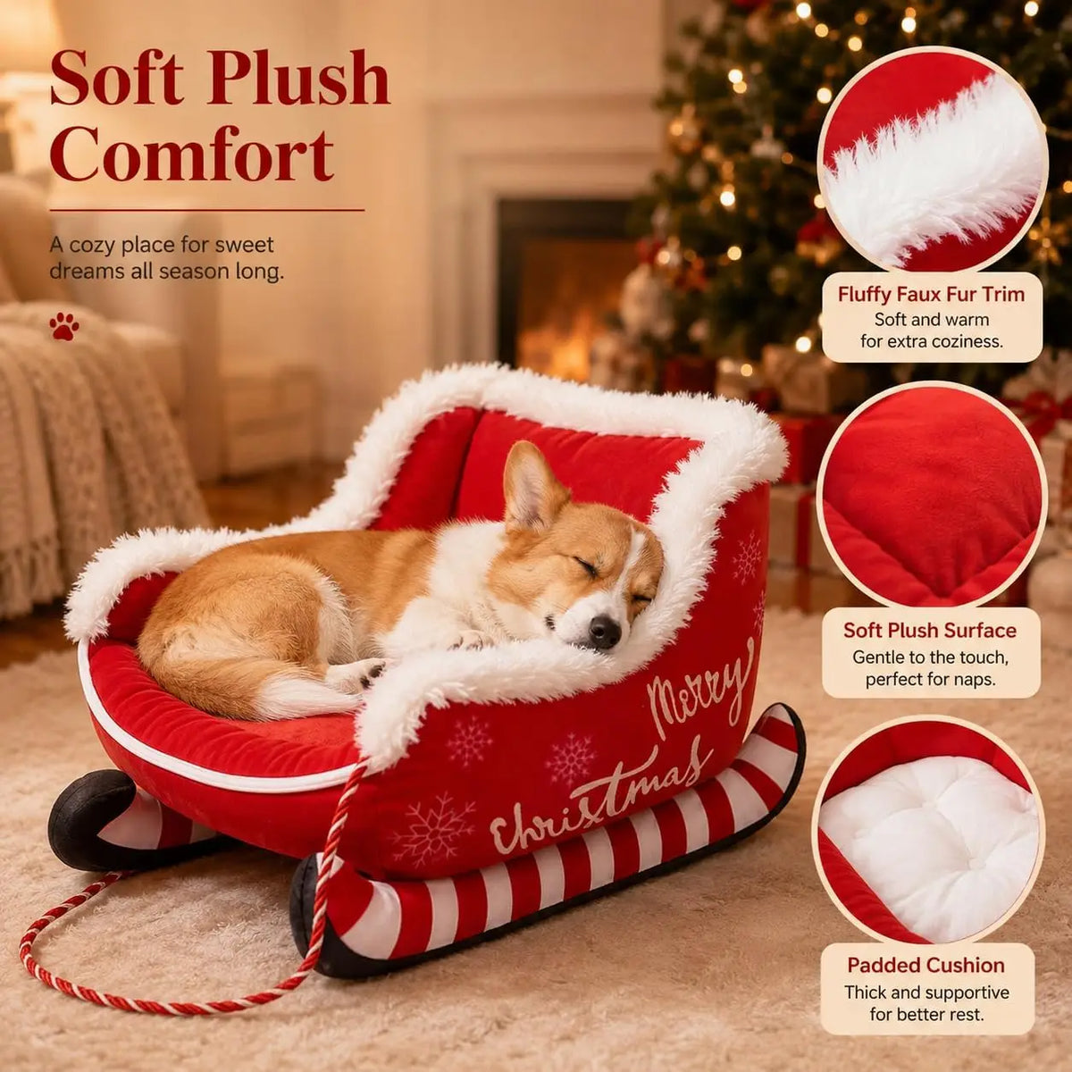 Christmas Sleigh Dog Bed With Raised Plush And Calming Comfort