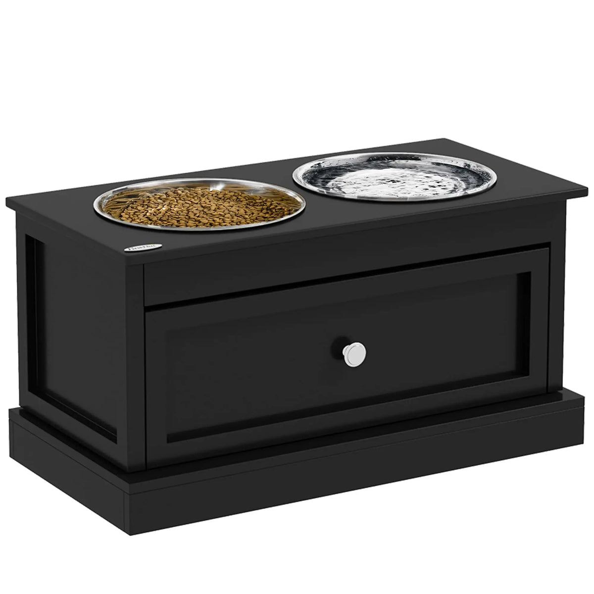 Wooden Elevated Dog Feeding Station With Drawer And Steel Bowls