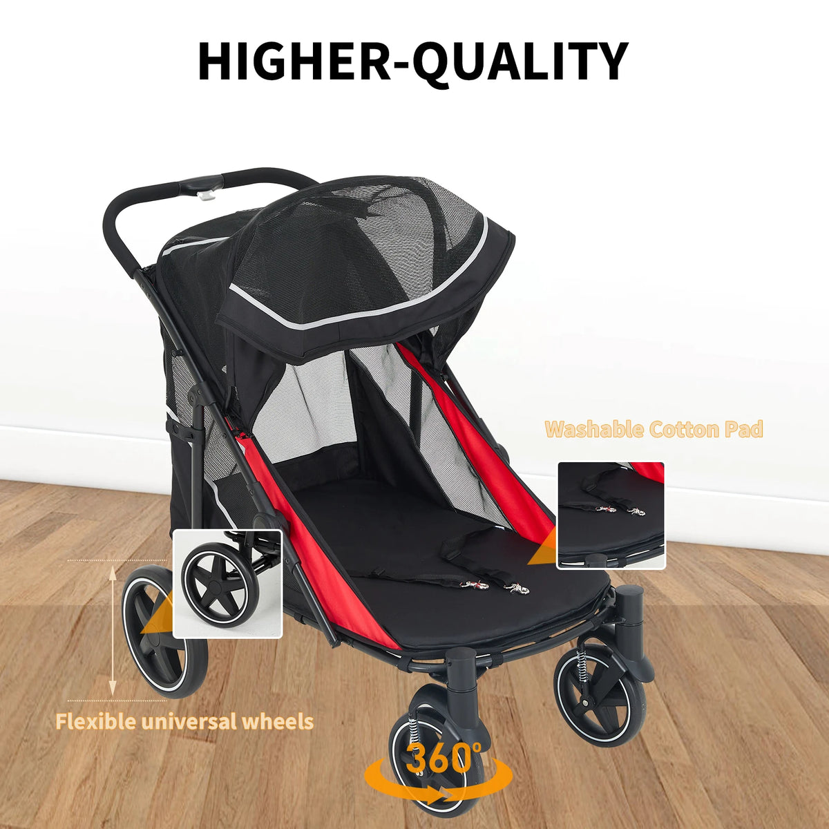 Foldable Dog Stroller With Adjustable Handle And Ventilated Canopy