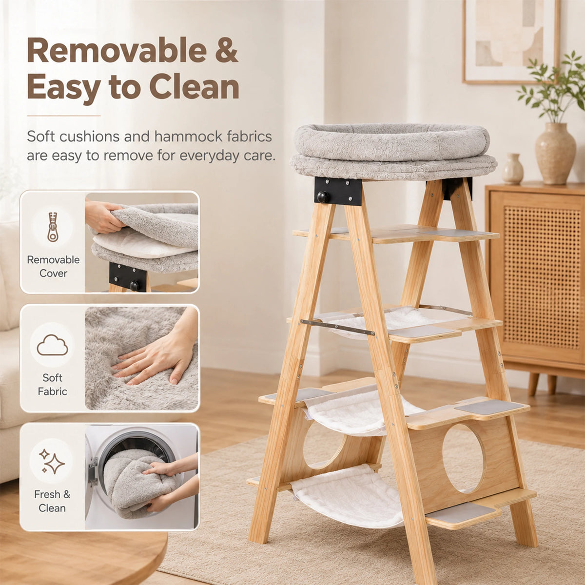 Wooden Cat Tower With Washable Cushions And Hammock