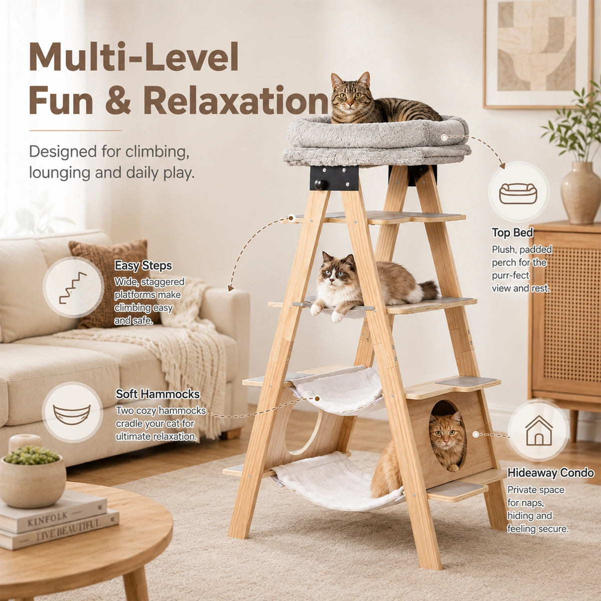 Wooden Cat Tower With Washable Cushions And Hammock