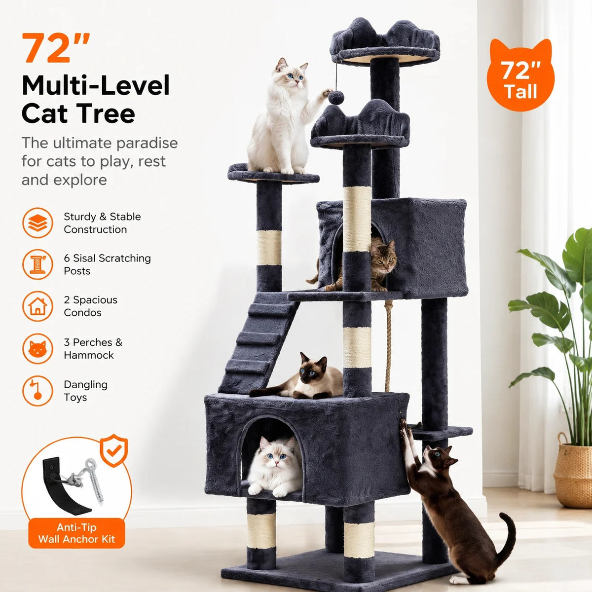 Spacious Multi Level Cat Tree With Sisal Posts And Hammock