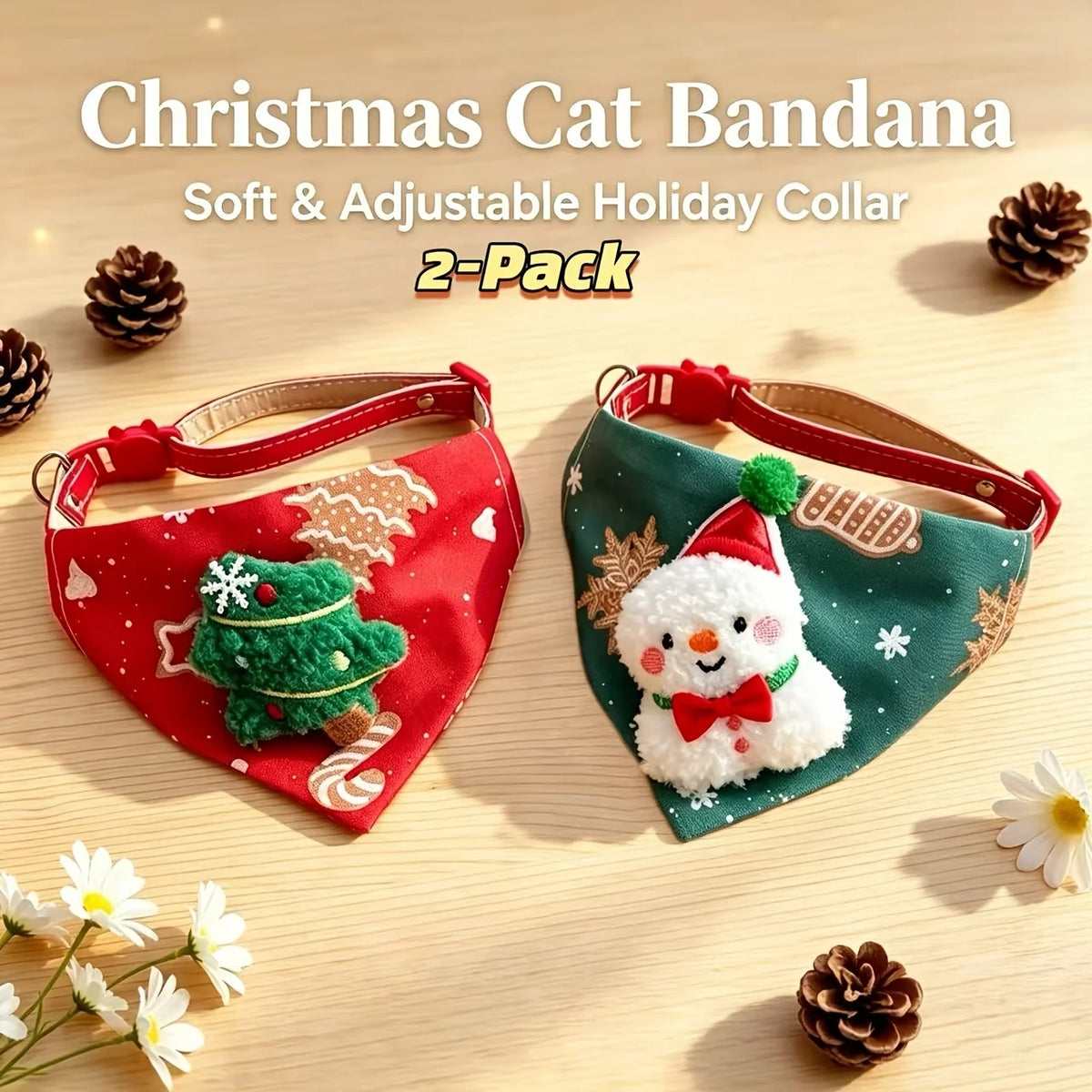 2 Pack Christmas Pet Bandanas Soft Adjustable Holiday Scarf