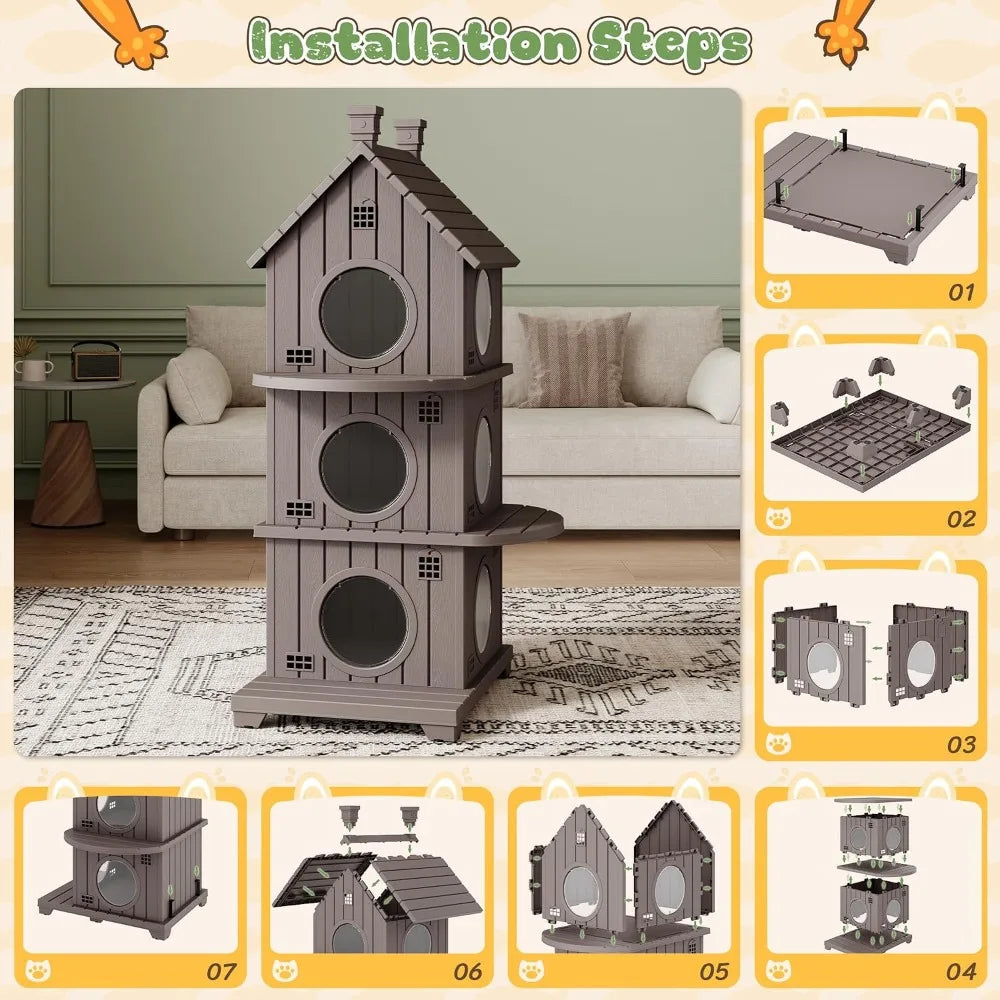 Outdoor Weatherproof Resin Three Story Cat Condo Elevated Base Ventilation