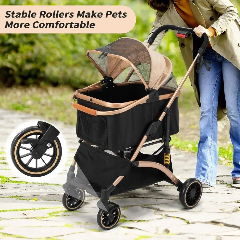 Collapsible Pet Stroller With Shock Absorbers And Storage Basket