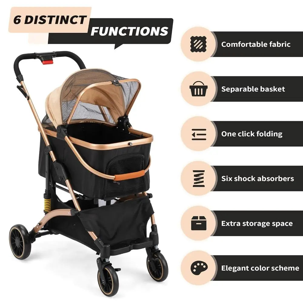 Collapsible Pet Stroller With Shock Absorbers And Storage Basket