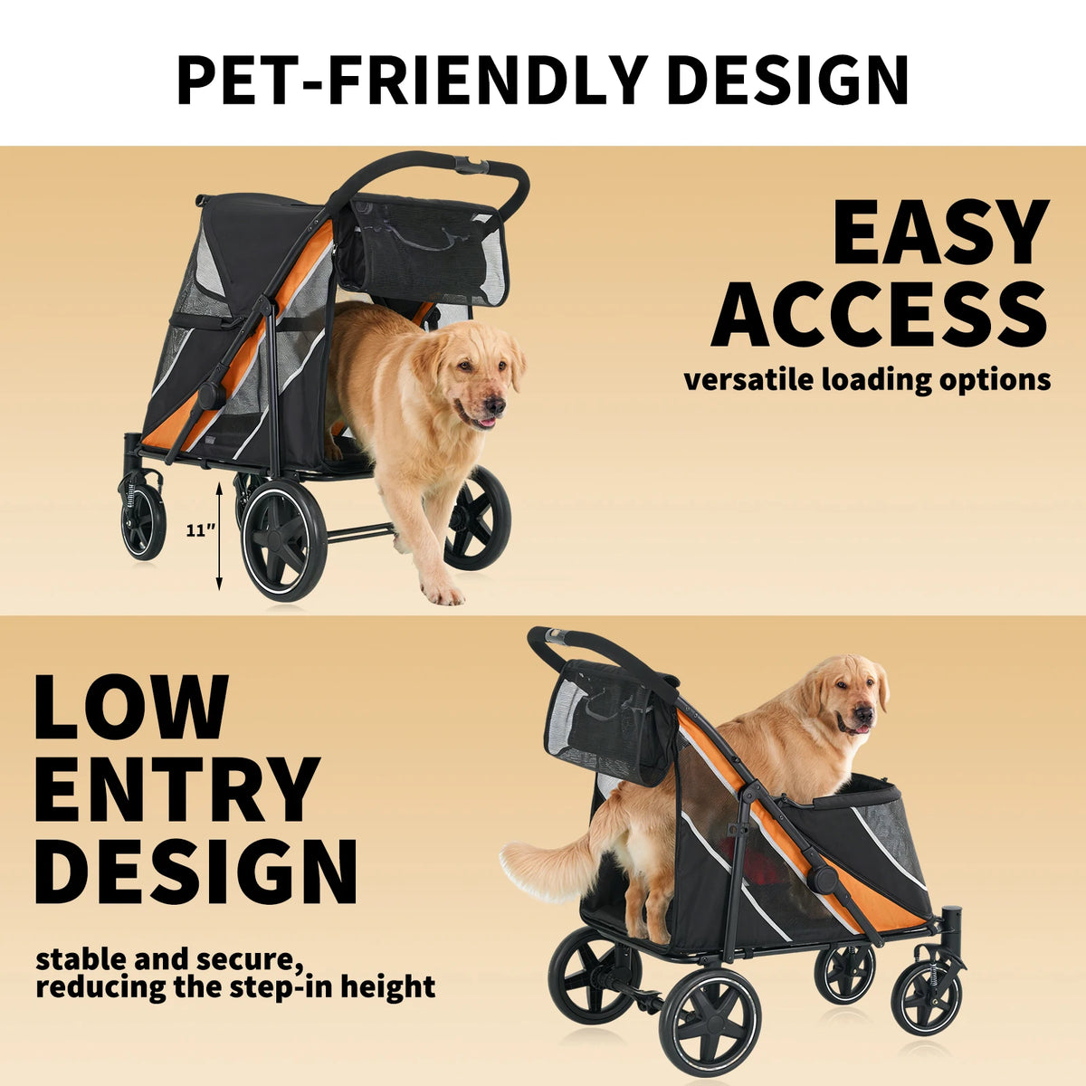 Foldable Dog Stroller With Adjustable Handle And Ventilated Canopy