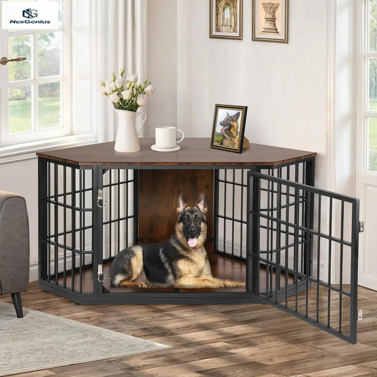 Wooden Corner Dog Crate Furniture Featuring Integrated Side Table