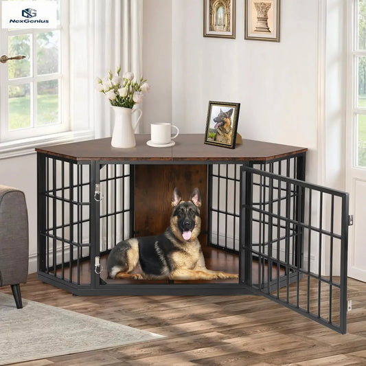 Wooden Corner Dog Crate Furniture Featuring Integrated Side Table