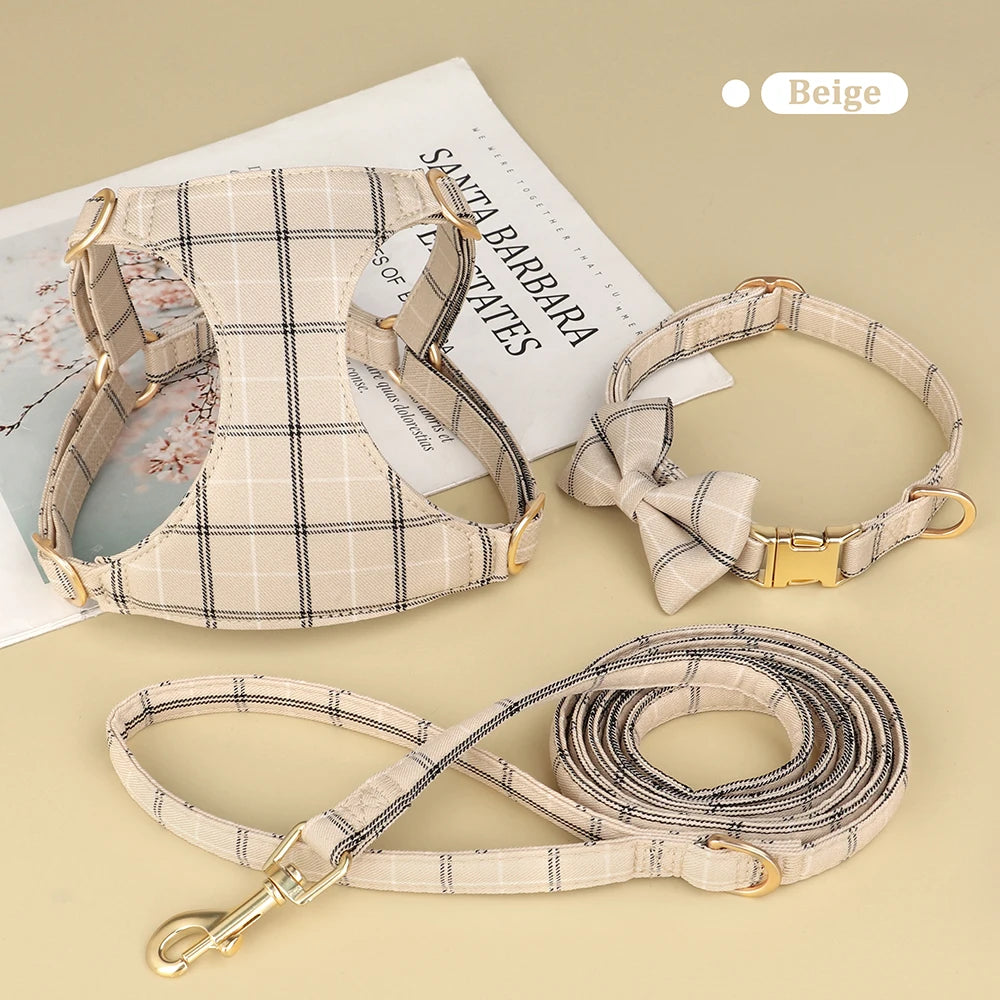Didog Adjustable Plaid Bowtie Dog Collar Harness Leash