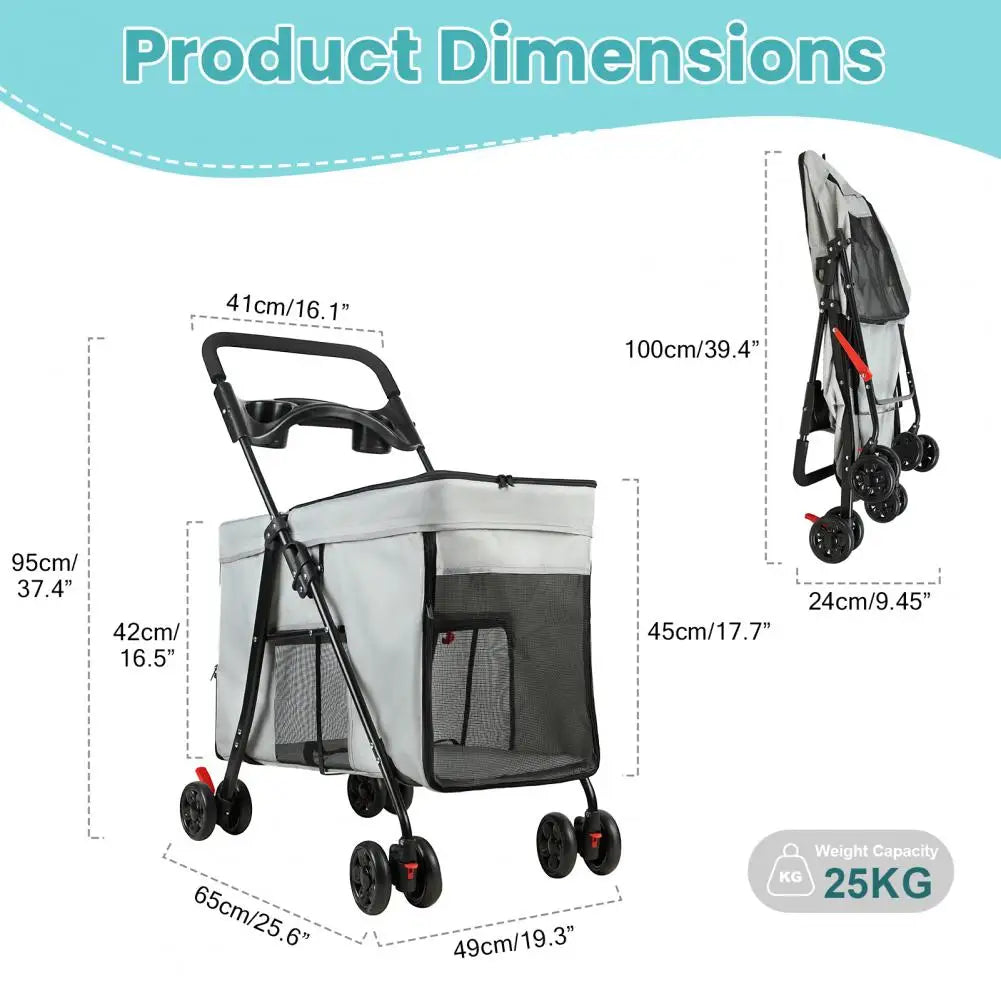 Foldable Dog Stroller With 360 Degree Wheels And Removable Storage Tray