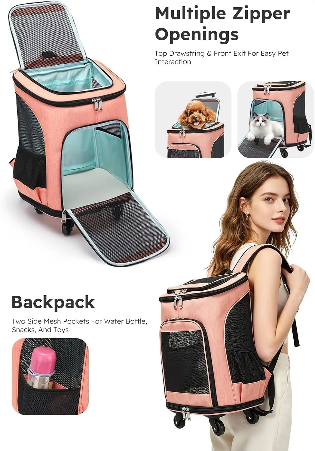 Foldable Wheeled Pet Carrier Backpack With Four Side Mesh Ventilation