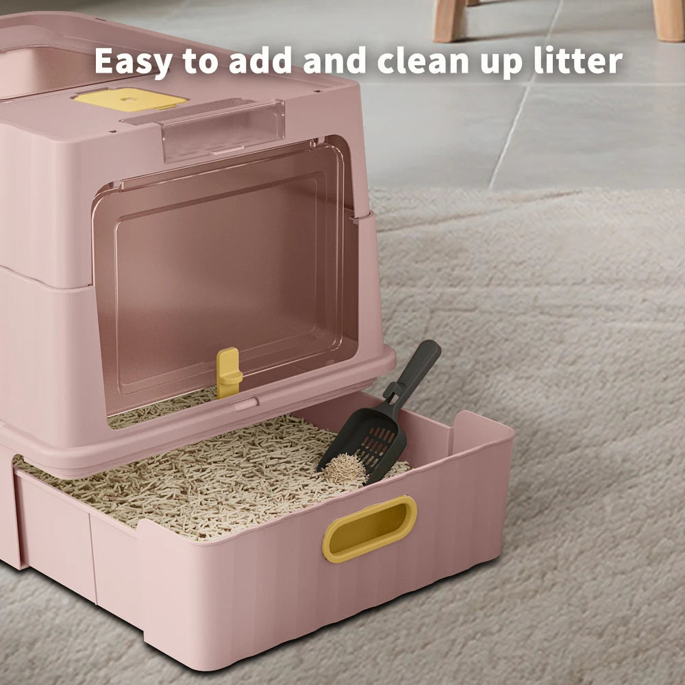 Covered Cat Litter Box Featuring Leak Resistant Pull Out Drawer