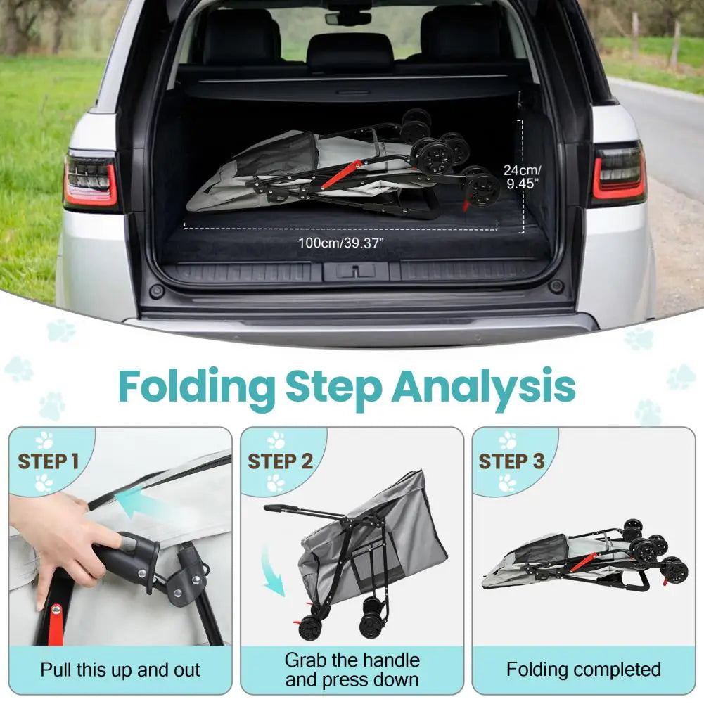 Foldable Dog Stroller With 360 Degree Wheels And Removable Storage Tray