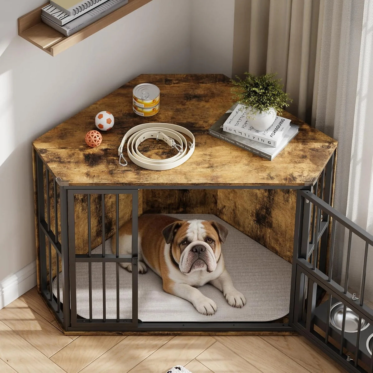 Corner Wooden Dog Crate With Rotating Door And Secure Locks