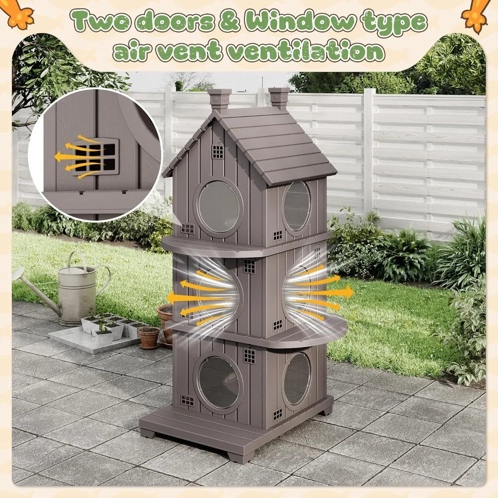 Outdoor Weatherproof Resin Three Story Cat Condo Elevated Base Ventilation