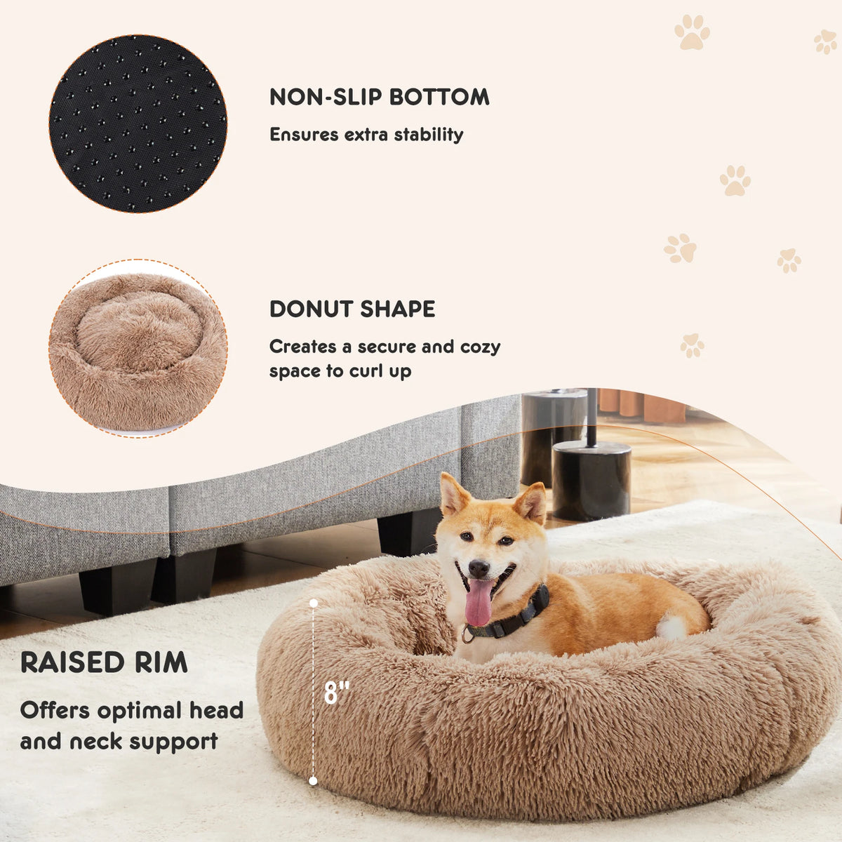 JHK Comfortable Washable Fluffy Faux Fur Calming Dog Bed