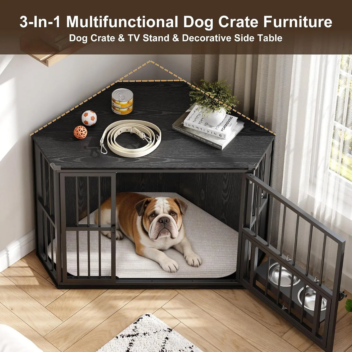 Corner Wooden Dog Crate With Rotating Door And Secure Locks