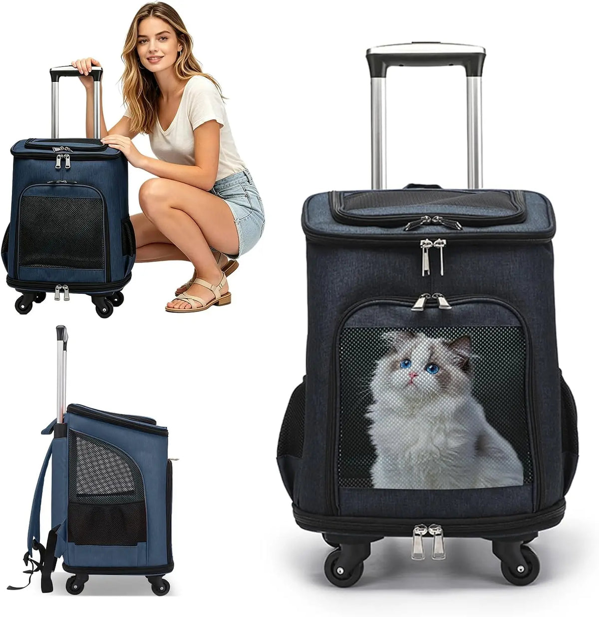 Foldable Wheeled Pet Carrier Backpack With Four Side Mesh Ventilation