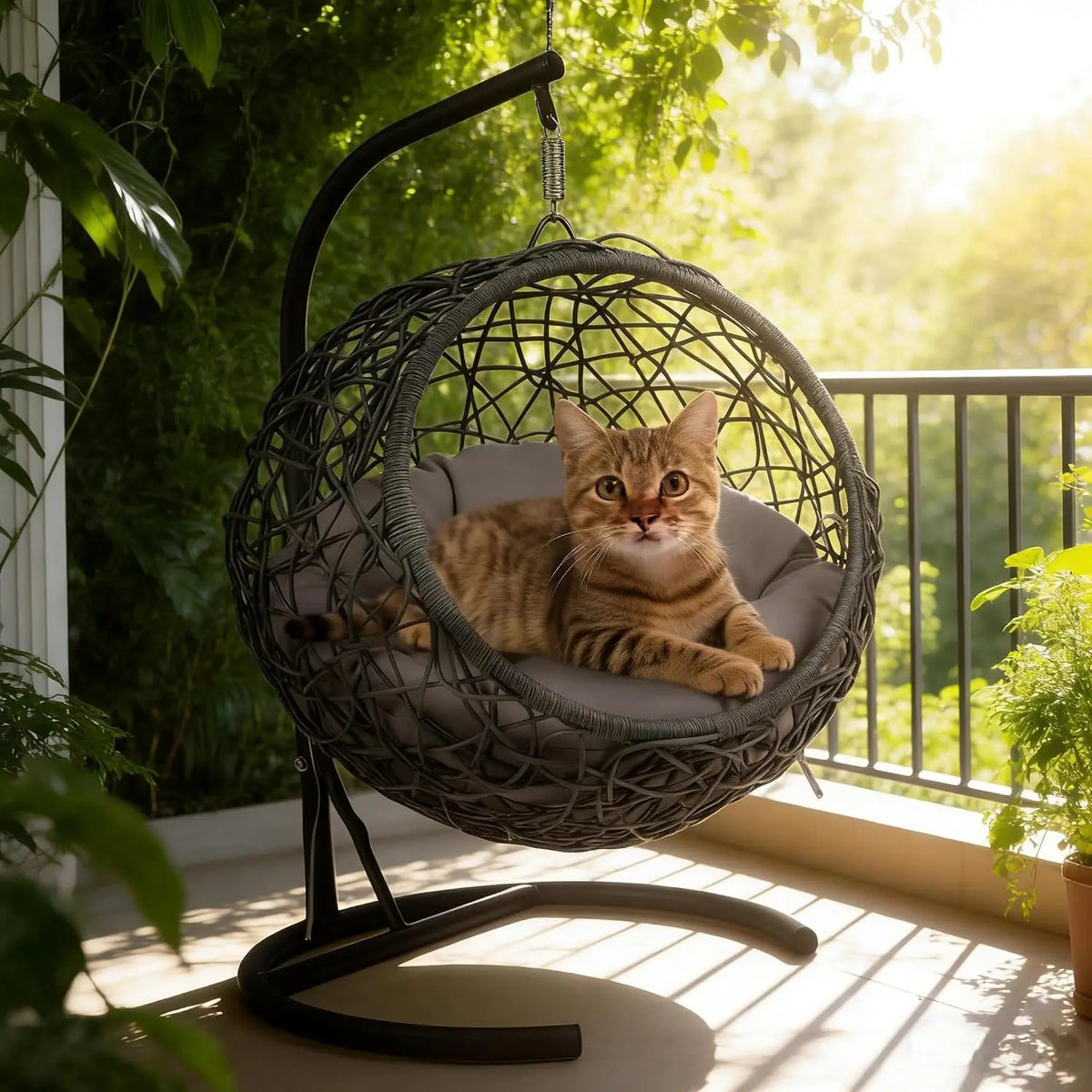 Cat Swing Bed Rattan Hammock Stand with Cushion for Cats