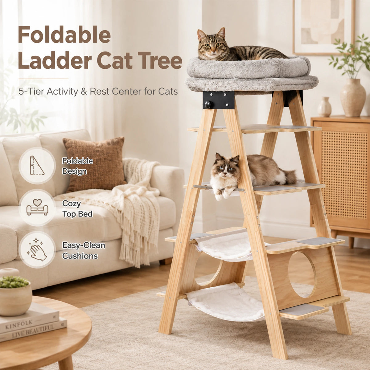 Wooden Cat Tower With Washable Cushions And Hammock