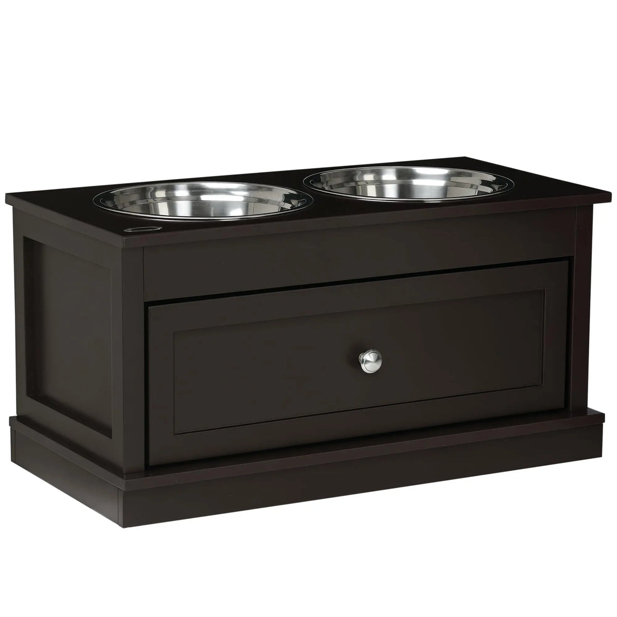 Wooden Elevated Dog Feeding Station With Drawer And Steel Bowls