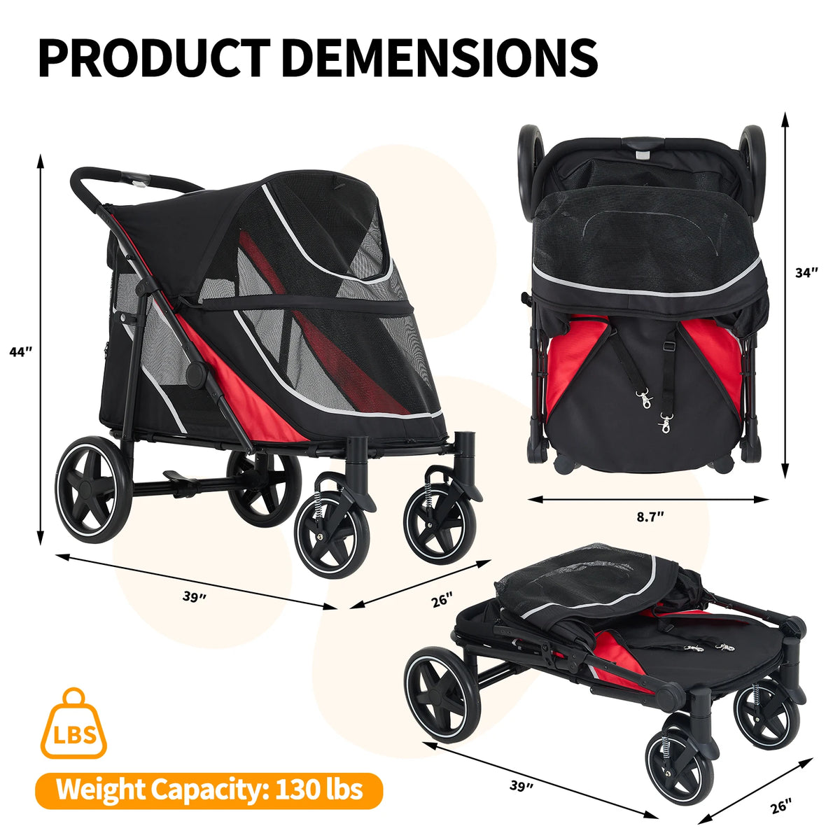 Foldable Dog Stroller With Adjustable Handle And Ventilated Canopy