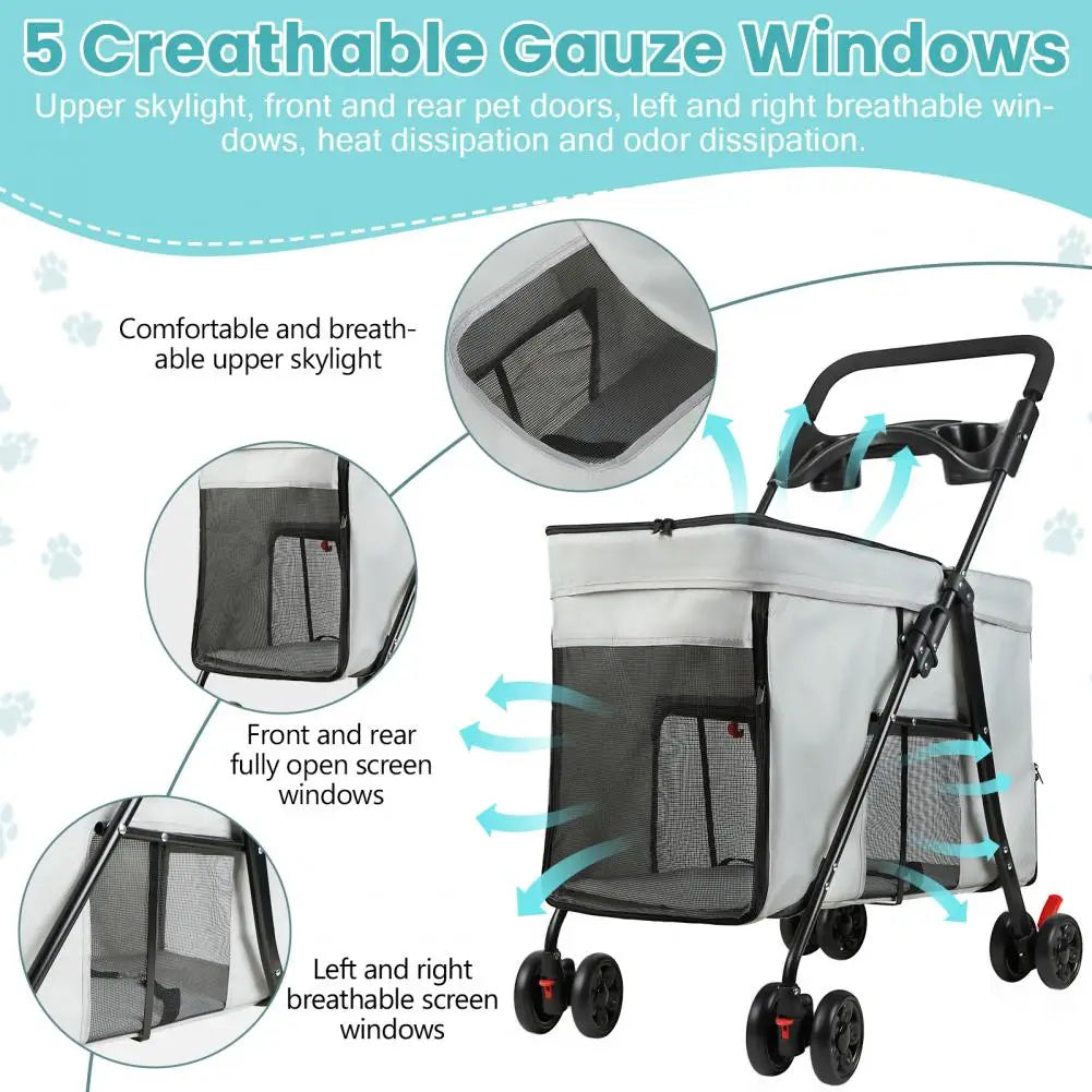 Foldable Dog Stroller With 360 Degree Wheels And Removable Storage Tray