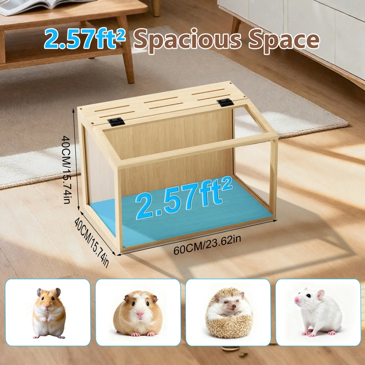 Chewproof Wooden Hamster Cage With Tempered Glass And Led Light