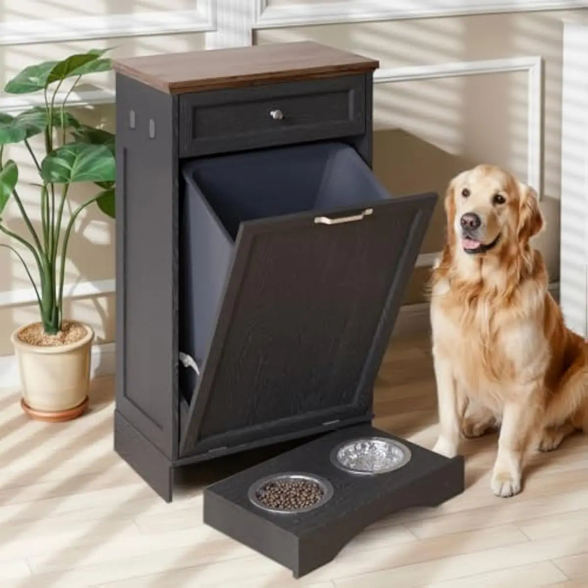 Modern Pet Feeding Station With Waste Bin And Storage Drawer