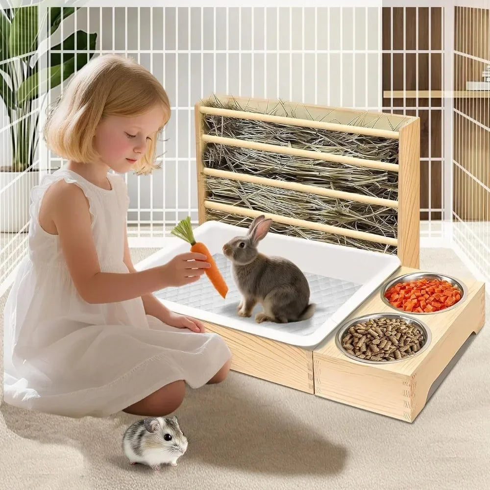 Wooden Rabbit Hay Feeder With Litter Box For Small Pets