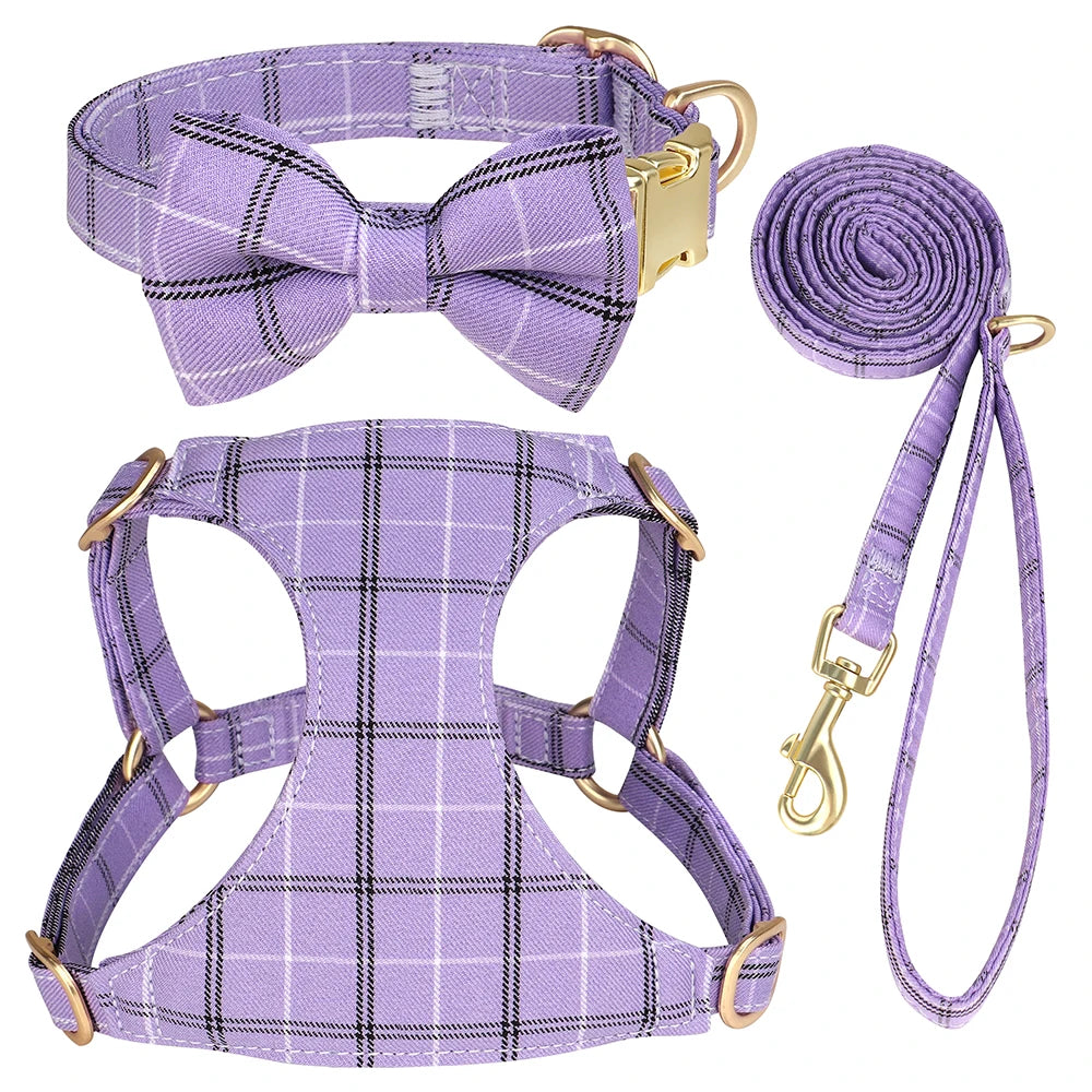 Didog Adjustable Plaid Bowtie Dog Collar Harness Leash