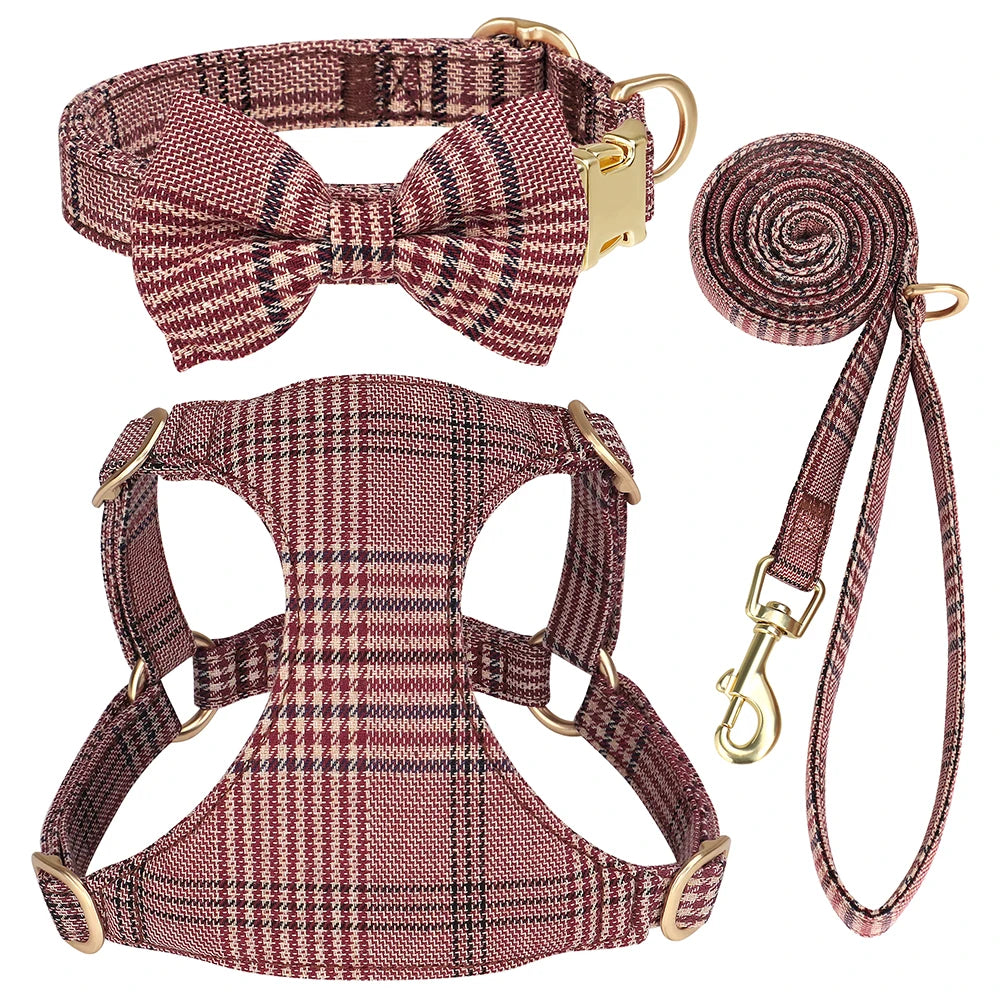 Didog Adjustable Plaid Bowtie Dog Collar Harness Leash