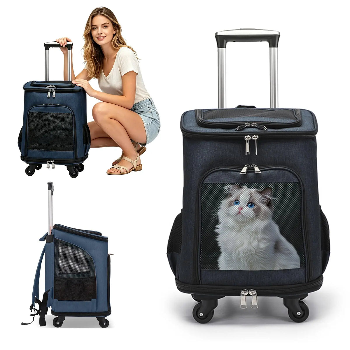 Foldable Wheeled Pet Carrier Backpack With Four Side Mesh Ventilation