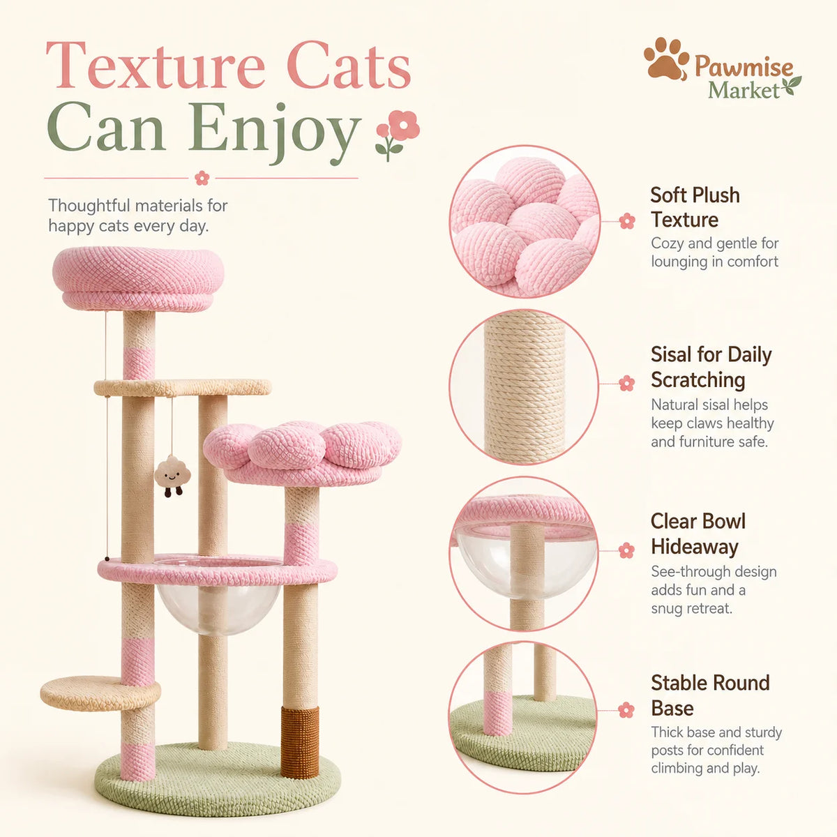 Multi Level Cat Tower With Sisal Posts And Soft Plush Perches