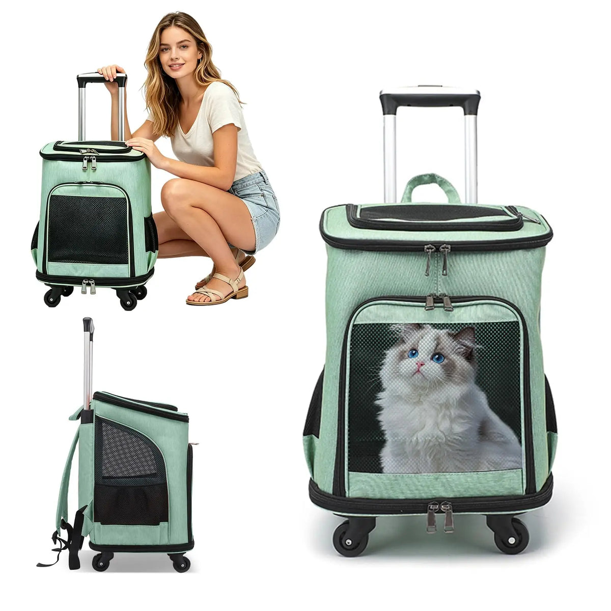 Foldable Wheeled Pet Carrier Backpack With Four Side Mesh Ventilation