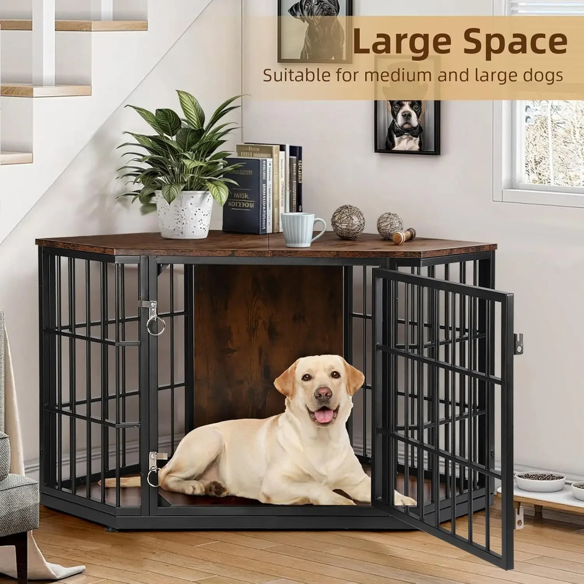 Wooden Corner Dog Crate Furniture Featuring Integrated Side Table