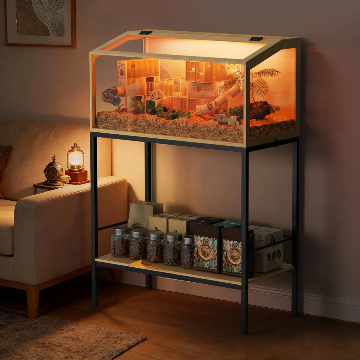 Chewproof Wooden Hamster Cage With Tempered Glass And Led Light