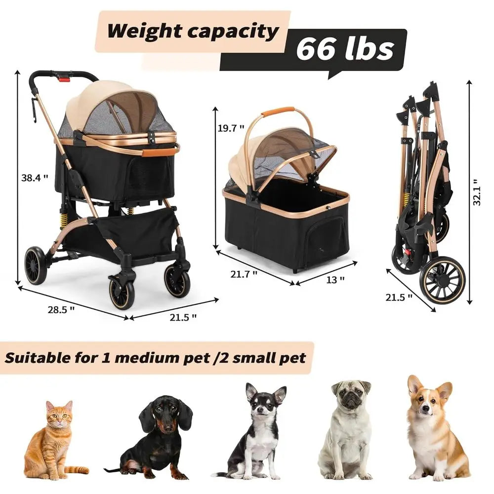 Collapsible Pet Stroller With Shock Absorbers And Storage Basket