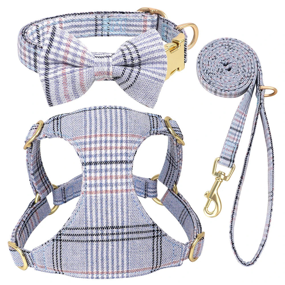 Didog Adjustable Plaid Bowtie Dog Collar Harness Leash