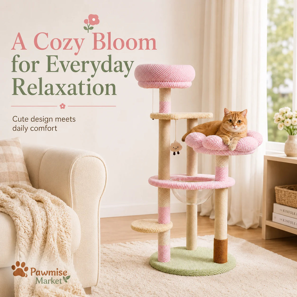 Multi Level Cat Tower With Sisal Posts And Soft Plush Perches