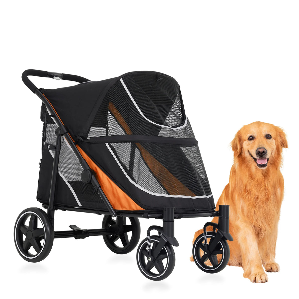 Foldable Dog Stroller With Adjustable Handle And Ventilated Canopy