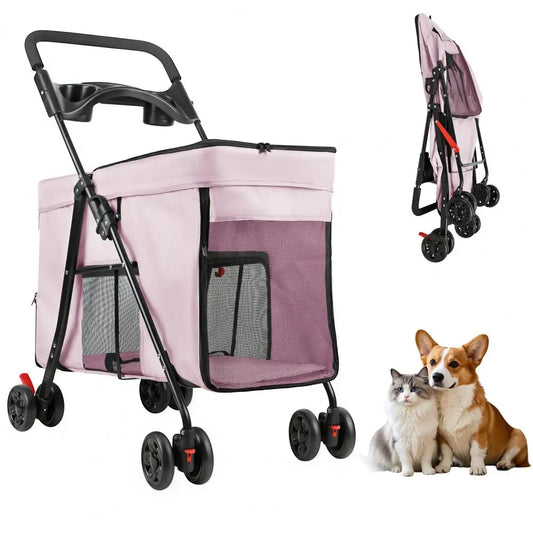 Foldable Dog Stroller With 360 Degree Wheels And Tray
