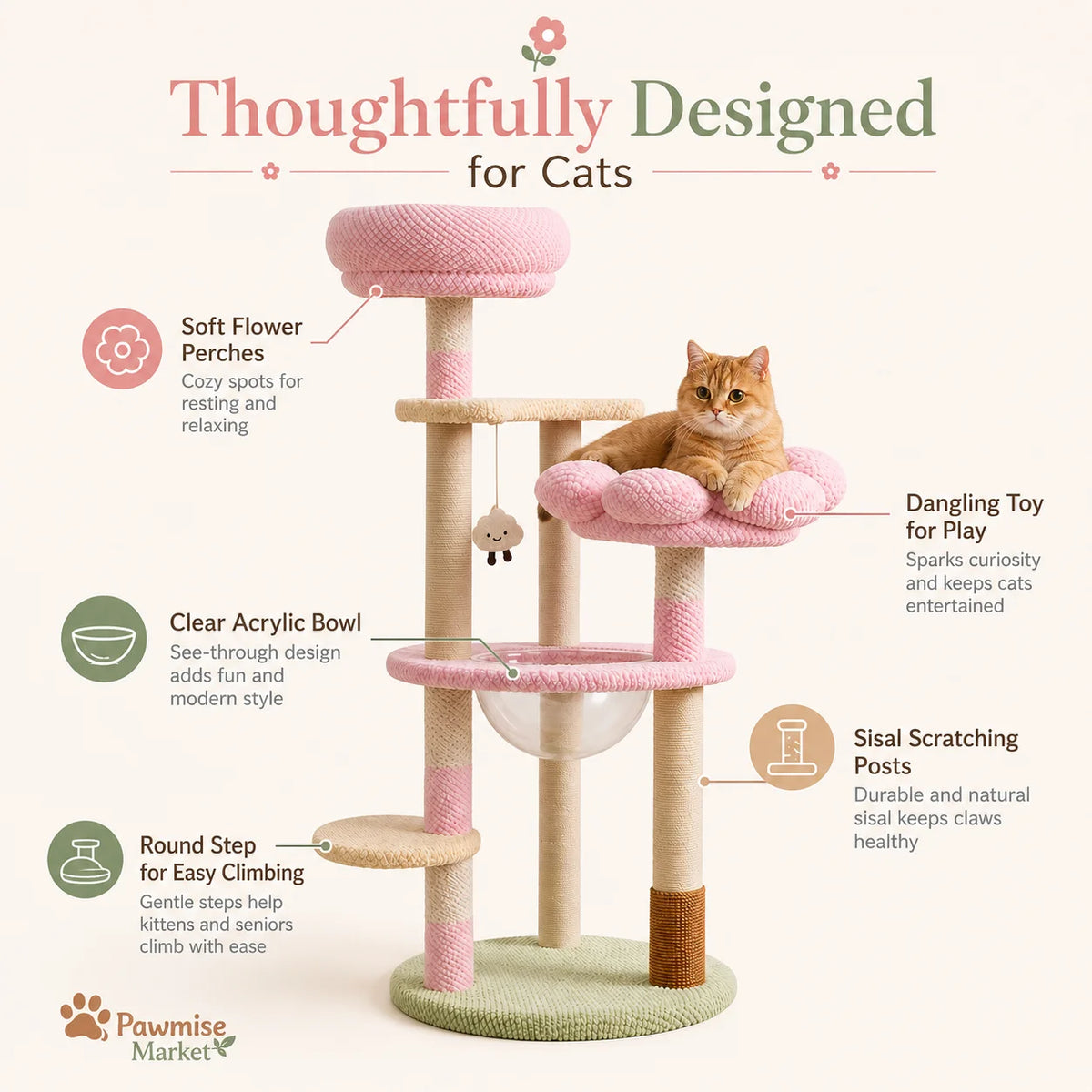 Multi Level Cat Tower With Sisal Posts And Soft Plush Perches