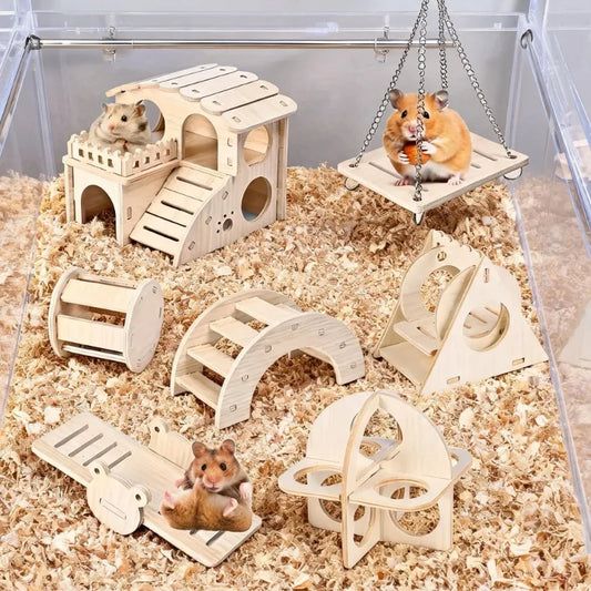 Wooden Hamster Toy With Swing And Seesaw Playground Hideout