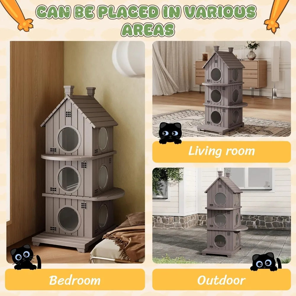 Outdoor Weatherproof Resin Three Story Cat Condo Elevated Base Ventilation