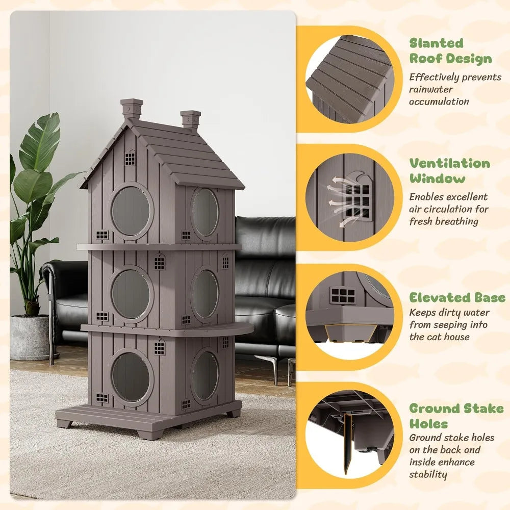 Outdoor Weatherproof Resin Three Story Cat Condo Elevated Base Ventilation